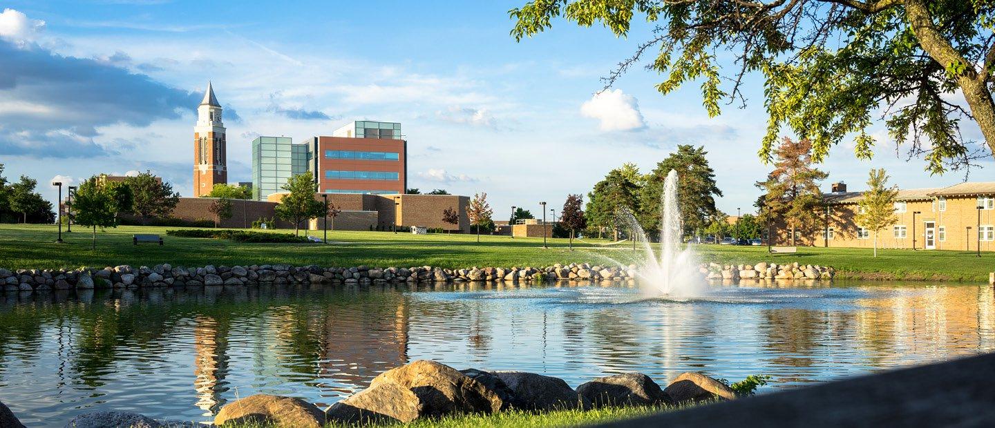 Oakland University campus, bear lake and Elliott Tower in the background